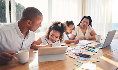 Image showing Family, children and writing, online education or e learning at home on tablet, computer and books with mom and dad support. Kids, mother and father or parents teaching, helping or drawing for school