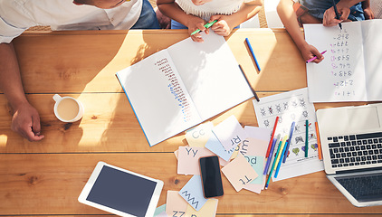 Image showing Family hands, children and writing, e learning or home education support, helping and math in school books by table above. People teaching kids, online development and numbers with laptop technology