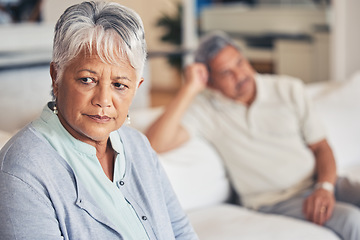 Image showing Frustrated senior couple, fight and divorce in conflict, argument or disagreement on living room sofa at home. Unhappy woman and man in cheating affair, toxic relationship or breakup dispute in house