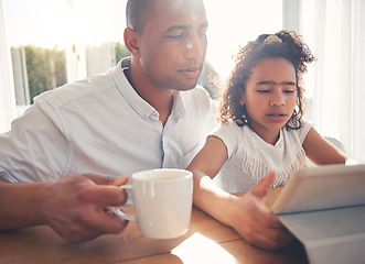 Image showing Child, father and family on tablet for online learning, home education and knowledge or support at home. Kid and dad teaching, helping and reading or watch video with elearning or digital technology