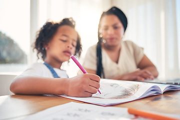 Image showing Homework, education and mother helping child by the dining room table in the family home. Elearning, online school and mom watching her girl kid color in a book for development at a modern house.