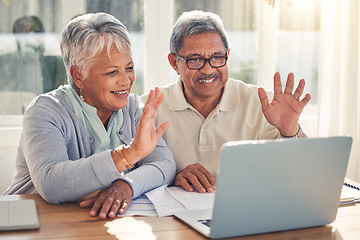 Image showing Senior couple, laptop and hello in video call, virtual meeting or communication together at home. Happy mature man or woman waving or talking on computer in online conversation or discussion in house