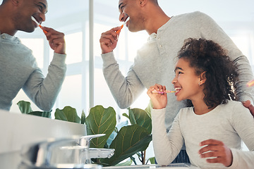 Image showing Dad, girl and kid brushing teeth in bathroom for hygiene, morning routine or learning healthy oral habits. Happy father, child and dental cleaning at mirror with toothbrush, self care or fresh breath