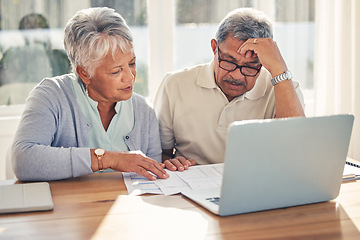 Image showing Senior couple, laptop and documents in financial crisis, schedule payment or checking bills at home. Mature man and woman on computer, paperwork or expenses in finance plan, debt or mistake in house