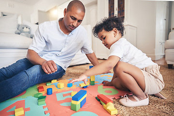 Image showing Building blocks, play or father with baby on the floor for learning, education or child development. Family home, relax or dad enjoying bonding in living room with girl, kid or toys for fun games
