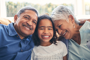 Image showing Grandparents, portrait and child smile in home living room on sofa, bonding and having fun together. Face, grandma and grandfather with kid in lounge to relax with love, care and family connection