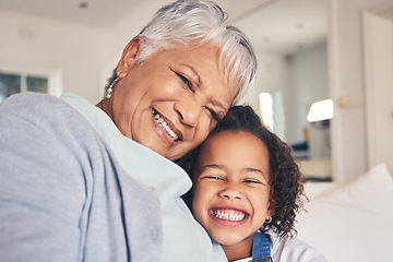 Image showing Portrait, child or happy grandma in a selfie with love, care or smile bonding to relax together at home. Face, photo or senior grandmother taking pictures with girl or kid on sofa of family house