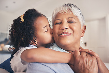 Image showing Hug, kiss or child with grandma in living room of family house with trust, care or love in retirement. Senior granny, face or happy grandmother bonding with kid to relax with smile, joy or freedom