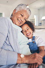 Image showing Portrait, hug and grandma with girl, smile and bonding with weekend break, love and care in a living room. Face, granny or kid with happiness, home and support in a lounge, family or loving together