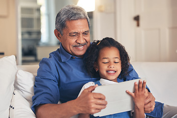 Image showing Old man, kid and tablet, cartoon and relax together on sofa, bonding with online streaming and connection. Love, care and grandfather with child and technology, subscription and watch video or film