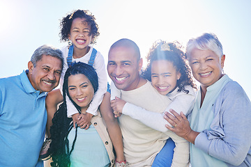 Image showing Smile, outdoor or portrait of happy big family bonding to relax with love, smile or care in retirement. Grandparents, mother or proud father hugging children siblings on holiday vacation in summer