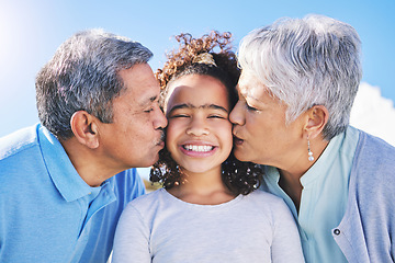 Image showing Happy, sky or grandparents kiss child bonding in Brazil to relax with love, smile or care in retirement. Face, proud elderly grandmother or senior grandfather with kid on holiday vacation in summer
