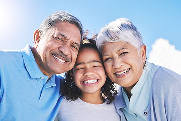 Image showing Child, sky or portrait of happy grandparents bonding in Brazil to relax with love, smile or care in retirement. Faces, proud grandmother or senior grandfather with kid on holiday vacation in summer