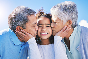 Image showing Smile, sky or grandparents kiss child bonding in Brazil to relax with love, trust or care in retirement. Face, proud elderly grandmother or senior grandfather with a happy kid on holiday in summer