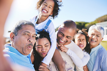 Image showing Grandparents, kids and parents in selfie, garden and smile for laugh, love and bonding on big family vacation in summer. Senior man, woman and grandchild with memory, profile picture and social media