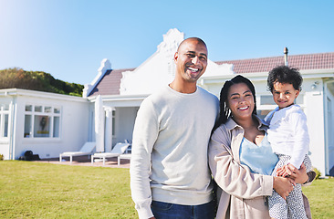 Image showing Happy family, portrait and real estate in property, investment or moving in new home together. Father, mother and child smile in happiness for buying house, building finance or outdoor mortgage loan