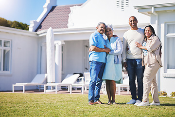 Image showing Happy family, portrait and hug in real estate, property or investment and moving in new home together. Parents and grandparent smile in happiness for buying house, building finance or mortgage loan