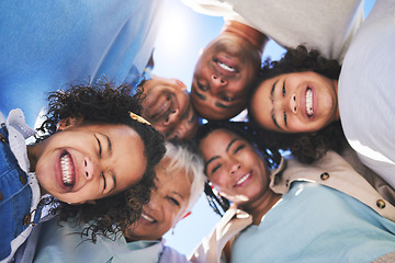 Image showing Happy family, face and smile in bonding, support or unity below together on weekend or summer vacation. Low angle of parents, grandparents and children huddle in happiness for fun holiday getaway