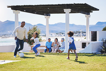 Image showing Father, kids and soccer on backyard grass, relax or bonding for love, sports and playing on vacation in summer. Dad girl children and football game on lawn, field or garden with freedom on holiday