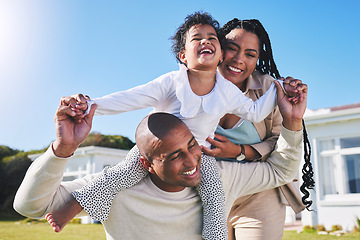 Image showing Parents, piggyback or portrait of child in backyard as a happy family on summer holiday vacation together. Smile, mom or dad bonding with an excited kid toddler in home with love, trust or support