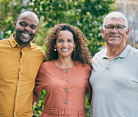 Image showing Happy couple, portrait or senior father in garden bonding in Brazil with love or care in retirement. Interracial relationship, smile or mature dad smiling with family in park or nature on holiday