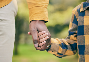 Image showing Nature, holding hands and family child, parent and walking in forest, woods and relax journey for love, care and support. Wellness garden, trust and young kid bond, connect and travel in outdoor park