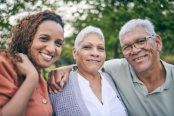 Image showing Elderly parents, woman and portrait at park with love, care and bonding on vacation, holiday or travel outdoor. Father, mother and face of adult daughter in nature, smile and happy family together