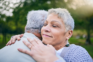 Image showing Senior couple, happy and hug at park with love, care and bonding for trust, support and wellness outdoor. Elderly man, woman and embrace in nature for healthy relationship, connection and together