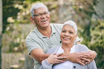 Image showing Portrait, hug and happy senior couple in a garden with care, trust and conversation, support and love outdoor. Face, smile and elderly man embrace old woman in a backyard with fun in retirement