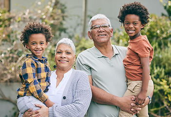 Image showing Portrait, happy kids or grandparents in garden to relax for bonding with love, support or care in retirement. Face, smile or grandma, grandfather or siblings on interracial family holiday vacation