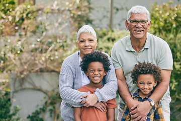 Image showing Portrait, hug and children with grandparents in a backyard for bond, care and fun together outdoor. Happy family, face and kids with grandmother, grandpa and sibling in a garden, embrace and smile