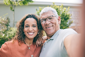 Image showing Portrait, father or happy woman in a selfie in garden as a family to relax on fun holiday together. Smile, faces or senior dad taking picture or photograph with his excited daughter in home backyard