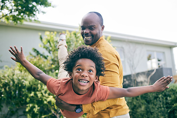 Image showing Airplane, garden or child playing with father to relax or bond as a black family with love or care, Smile, flying or excited African dad with a kid to enjoy fun games on holiday toogether in backyard