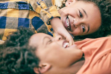 Image showing Happy, boy kids and laugh for tickles, playing games and joke together with crazy energy. Face, smile and excited young brothers in freedom, funny and comedy of silly siblings, children and good mood