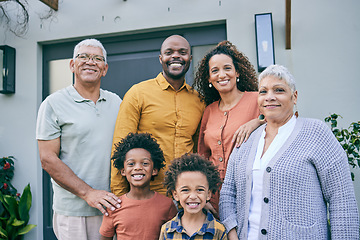 Image showing Portrait, smile and big family by home, interracial and having fun together at backyard. Face, grandparents and children, mother and father happy for bonding in connection, love and care at house.