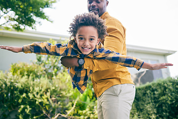 Image showing Portrait, garden or child playing with father to relax or bond as a happy family with love or care, Smile, flying airplane or African dad with kid to enjoy fun games on holiday together in backyard