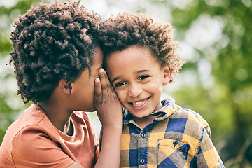 Image showing Black children, friends and whisper secret, happy and bonding together outdoor. African kids, smile and gossip in ear, hearing news or listening to funny story in communication, speaking or laughing