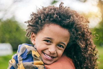 Image showing Portrait, kid and hug mother in nature, happy and bonding together outdoor. Face, mom and African child embrace in connection for healthy relationship, family smile and trust for care in love support