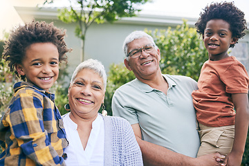 Image showing Portrait, love and children with grandparents in a backyard for bond, care and fun together outdoor. Happy family, face and kids with grandmother, grandpa and sibling in a garden for playful visit