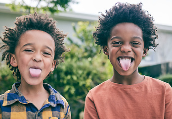 Image showing Children, portrait and brothers with tongue out in a backyard for fun, playing and sibling bonding outdoor. Family, love and kids with funny face, emoji and silly together in a garden on the weekend