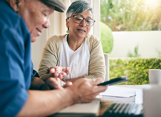 Image showing Phone, finance or old couple with budget paperwork, mortgage or banking documents at home. Bills, mature woman or senior man speaking of financial debt, investment portfolio or planning taxes cost