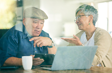 Image showing Tablet, laptop or old couple on social media for communication, website or internet connection. People, talk or senior woman with an elderly man online to scroll on streaming technology app at home