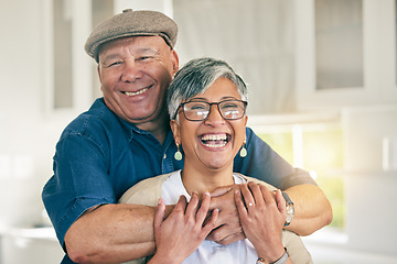 Image showing Portrait, happy or old couple hug in house living room bonding together to relax on holiday with support. Retirement, love or senior man laughing with a mature woman with smile or care in marriage