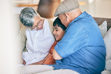 Image showing Talking, happy grandparents or kid in home bonding, laughing or smiling in fun Mexico in family house. Grandmother, grandfather or boy child speaking with love, care or support on holiday vacation