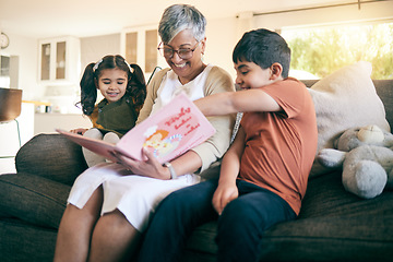 Image showing Happy kids, smile or grandmother reading a book for learning, education or storytelling on sofa at home. Family, senior or grandma with children siblings for a fantasy story to enjoy bonding together