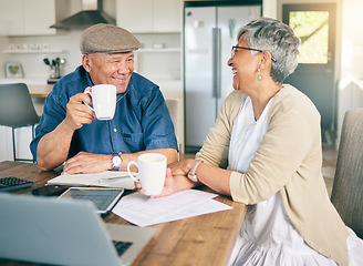 Image showing Laptop, happy or old couple with budget paperwork, mortgage or banking documents at home. Coffee drink, mature woman or senior man laughing at financial bills or investment portfolio in retirement