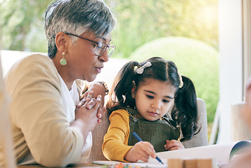 Image showing Teaching, grandma or girl learning drawing in book for creative skills or growth development. Senior, support or mature grandmother helping an artistic child to color in a school project or homework