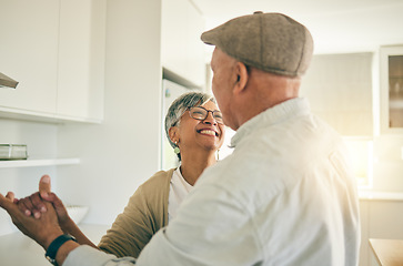 Image showing Old couple, dancing in kitchen and happiness with retirement, life partner and love with romance at home together. Dancer, support and trust with marriage, man and woman in healthy relationship