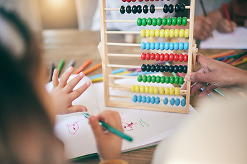 Image showing Education, math and child with grandmother, abacus or hand for counting, project or home school, kindergarten or lesson. Learning, fingers or kid with grandma in living room help, teaching or numbers