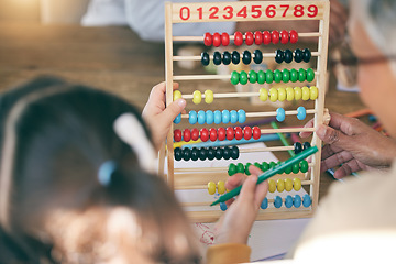 Image showing Kid, math homework or grandma teaching or helping for knowledge, education or child development. Grandparent, senior grandmother or back of girl counting numbers to study for test on abacus at home